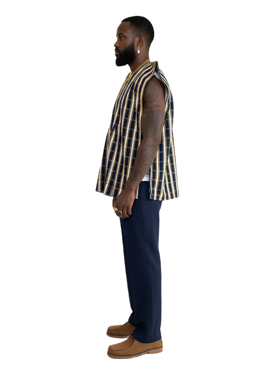 Navy, Yellow & Ivory Striped Handwoven Batakari Fugu