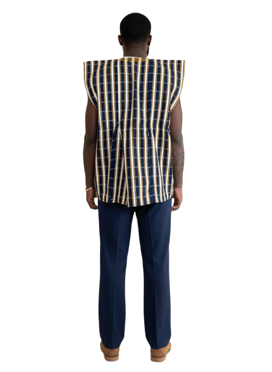 Navy, Yellow & Ivory Striped Handwoven Batakari Fugu