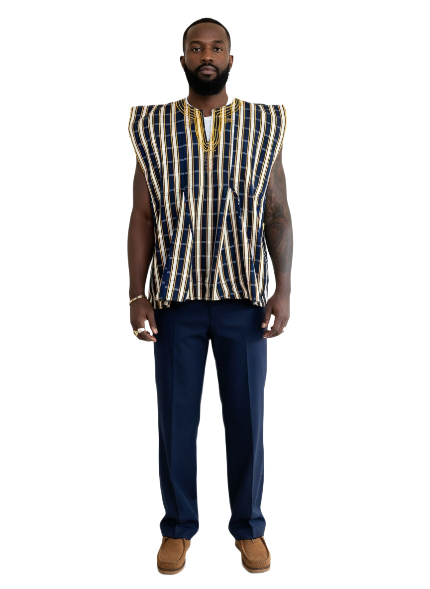 Navy, Yellow & Ivory Striped Handwoven Batakari Fugu