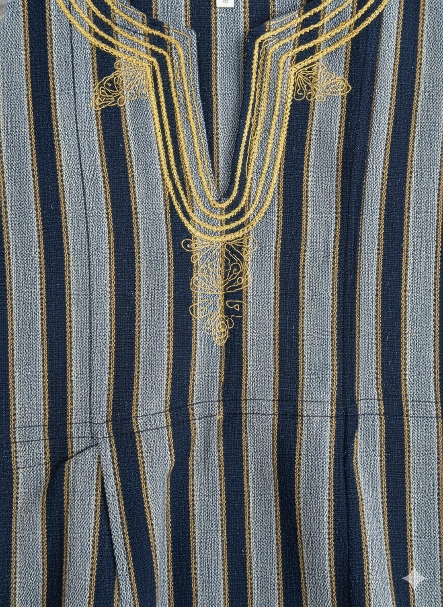 Navy, Grey & Yellow Stripe Handwoven  Batakari Fugu Smock
