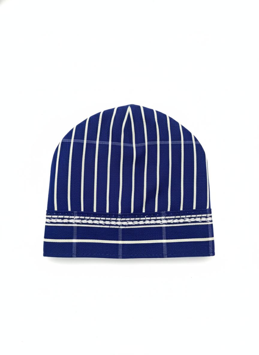 Blue & White Striped Handwoven Short Sleeve Kente Batakari Fugu with Hat