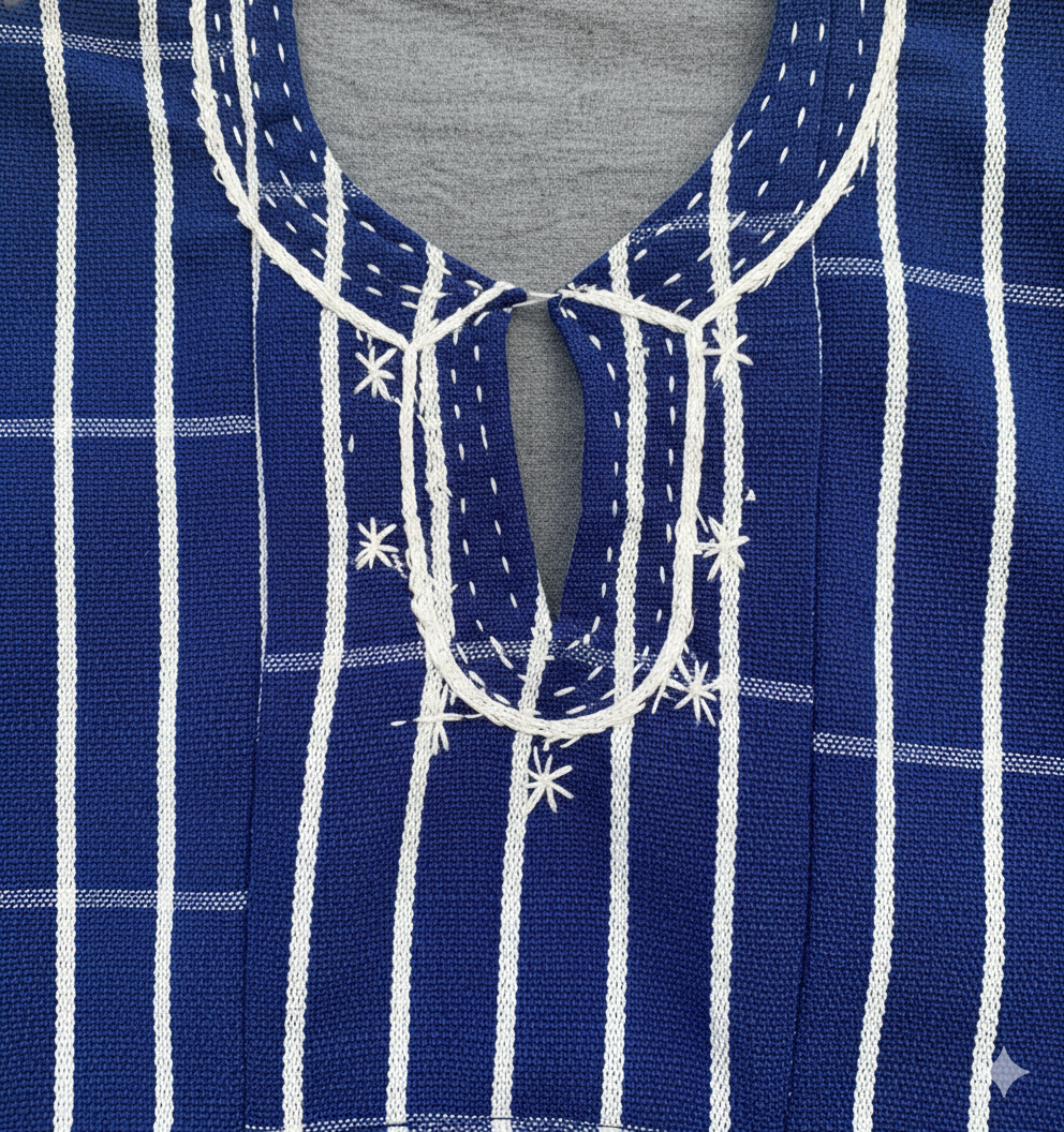 Blue & White Striped Handwoven Short Sleeve Kente Batakari Fugu with Hat