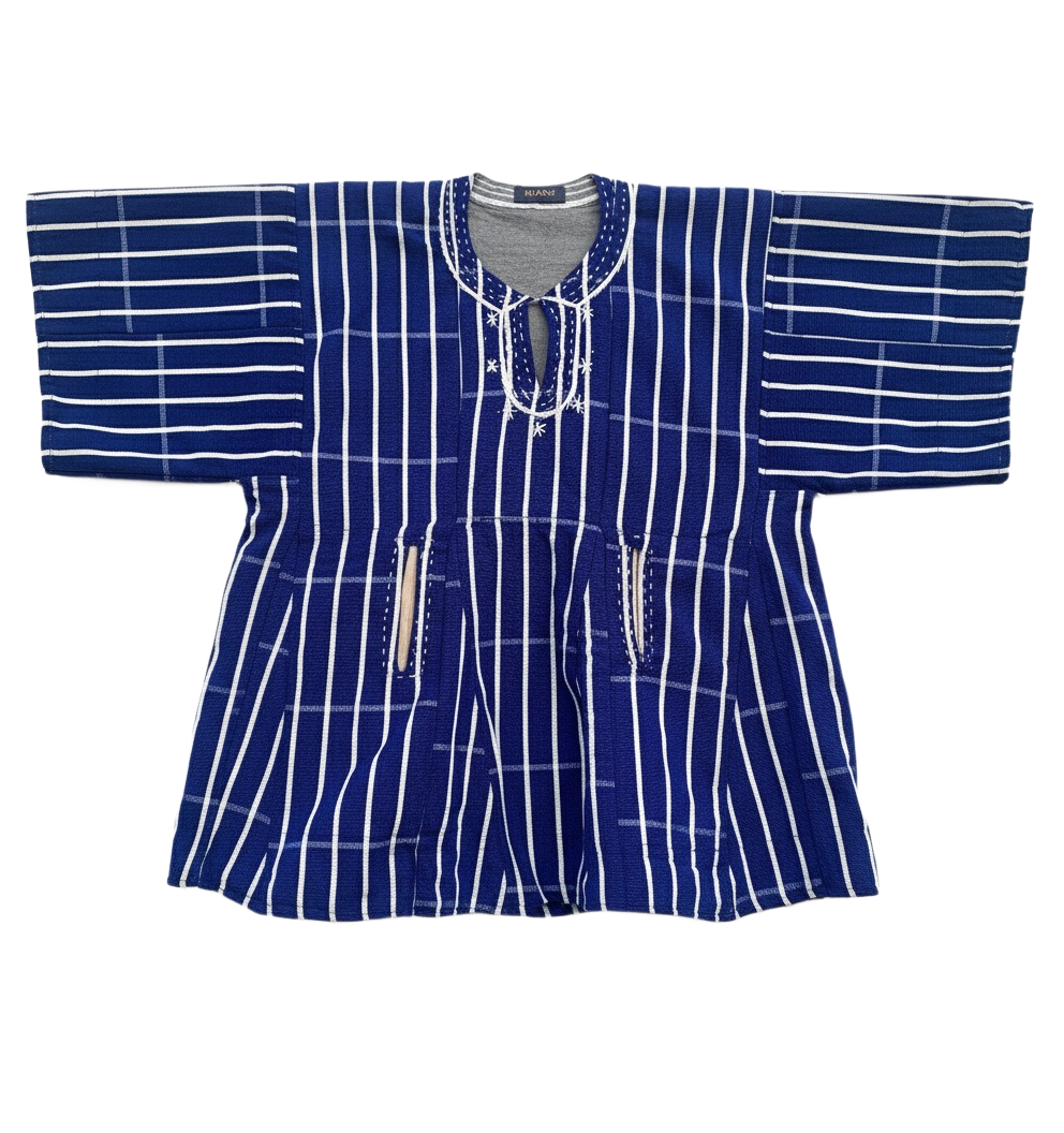 Blue & White Striped Handwoven Short Sleeve Kente Batakari Fugu with Hat