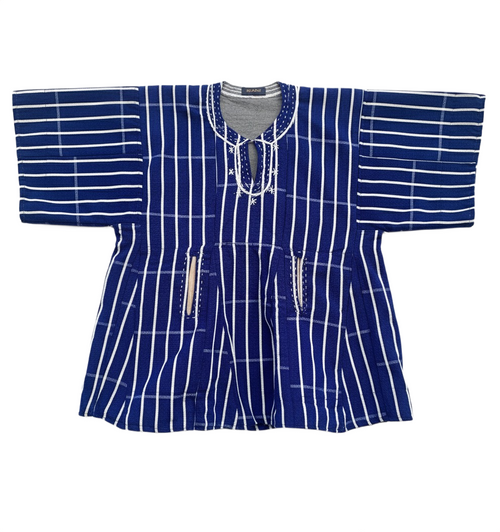 Blue & White Striped Handwoven Short Sleeve Kente Batakari Fugu with Hat
