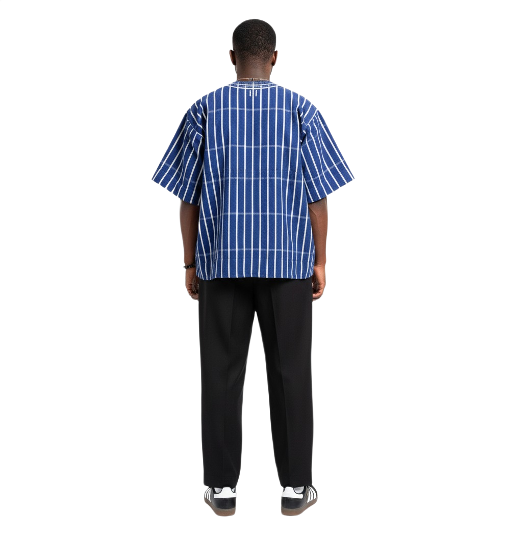 Blue & White Striped Handwoven Short Sleeve Kente Batakari Fugu with Hat