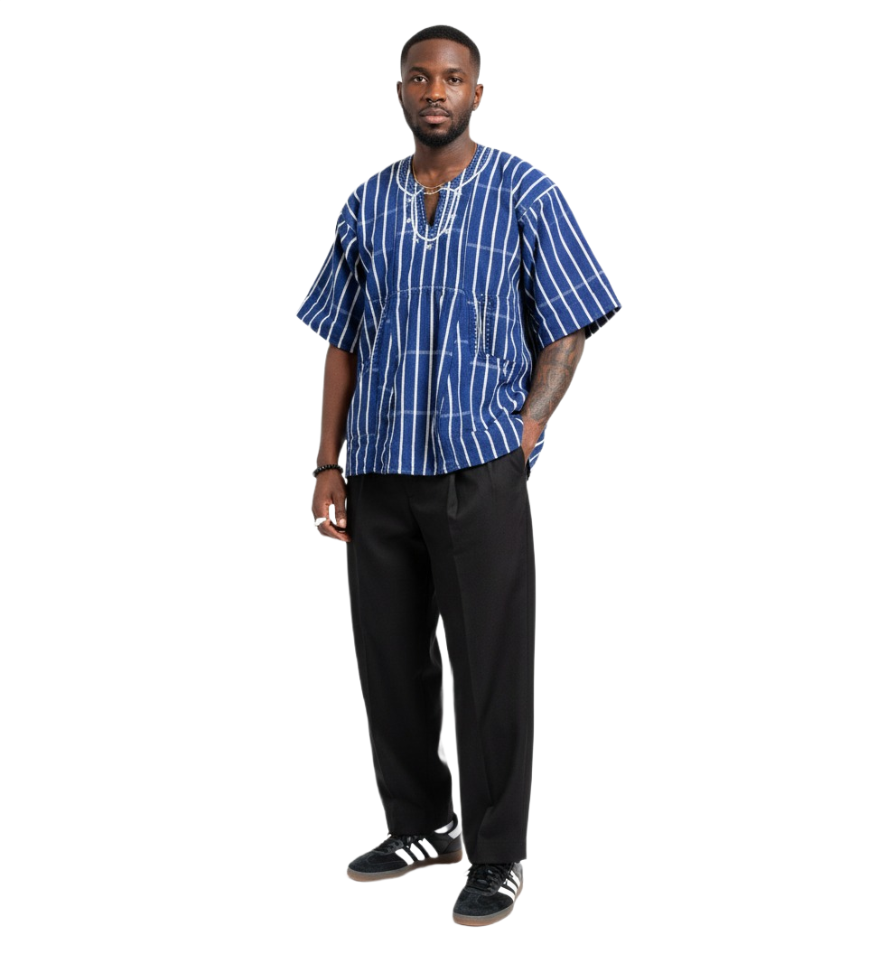 Blue & White Striped Handwoven Short Sleeve Kente Batakari Fugu with Hat