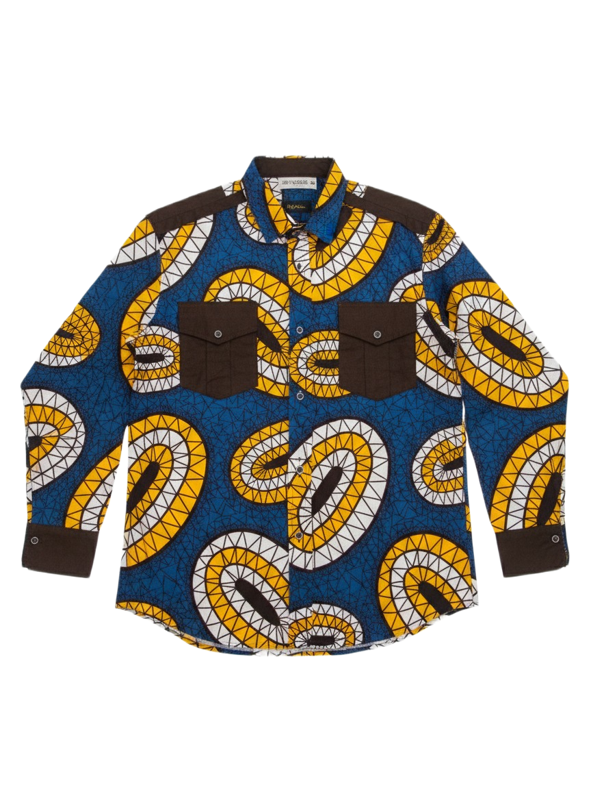 Geometric Disc Earth Brown Blue & Yellow Ankara Duo Pocket Long Sleeved Shirt