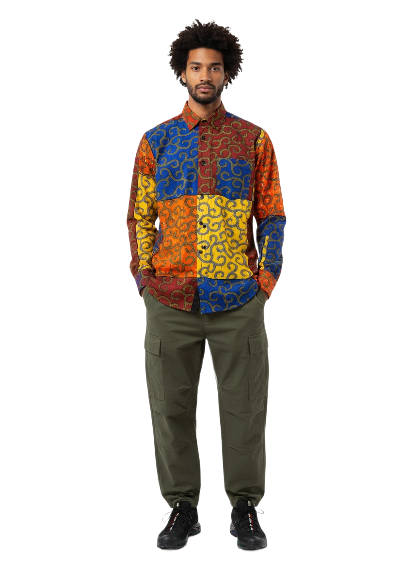 Pocketed Multi Patchwork Ankara Print Long Sleeve Shirt