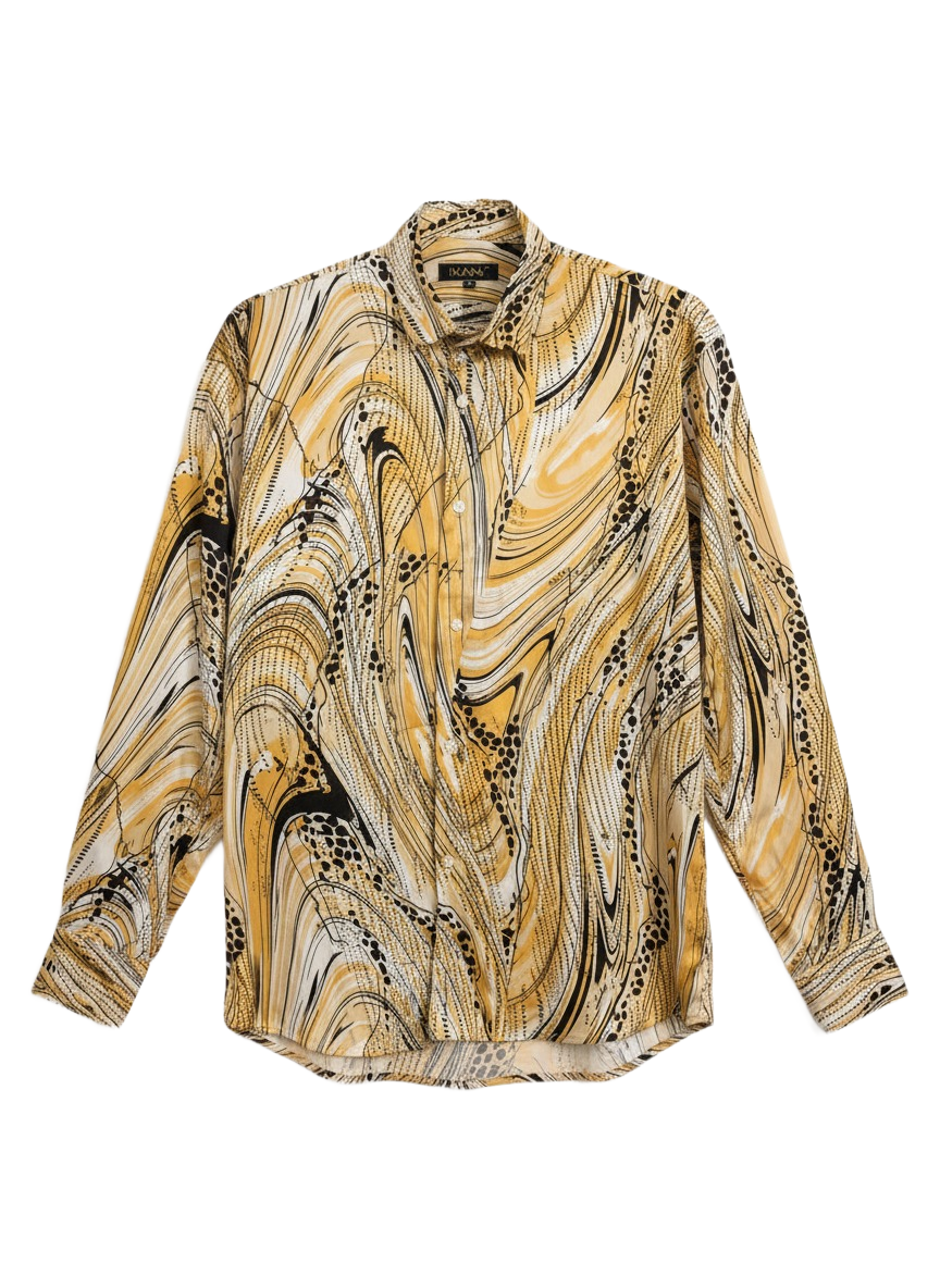 Marble Print Golden Caramel & Spotted Black Silk Long Sleeve Smart Shirt