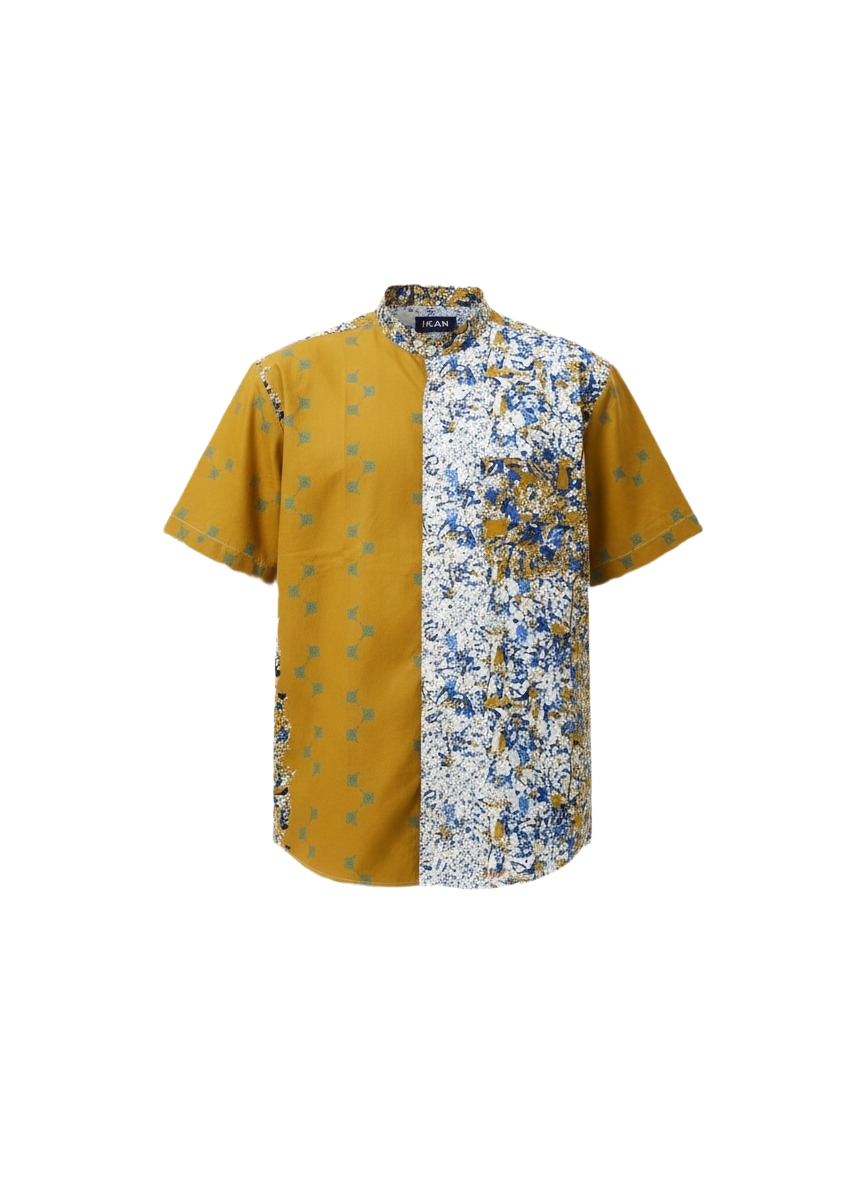 Mandarin Collar Floral Pattern &  Mustard Yellow Ankara Combination Shirt