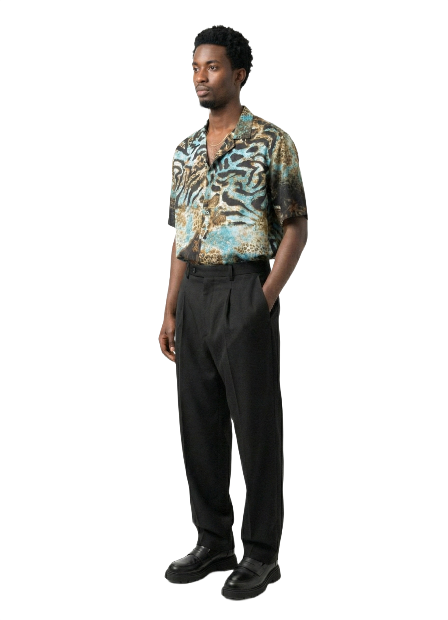 Ice Blue Tiger Print Silk Short Sleeve Smart Shirt