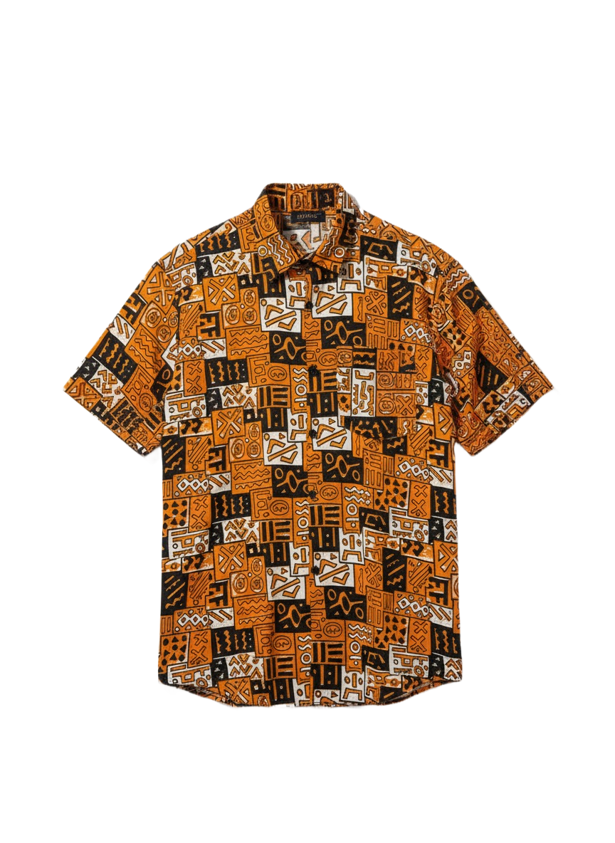 Akoma Burnt Orange & Black Ankara Print Short Sleeve Shirt