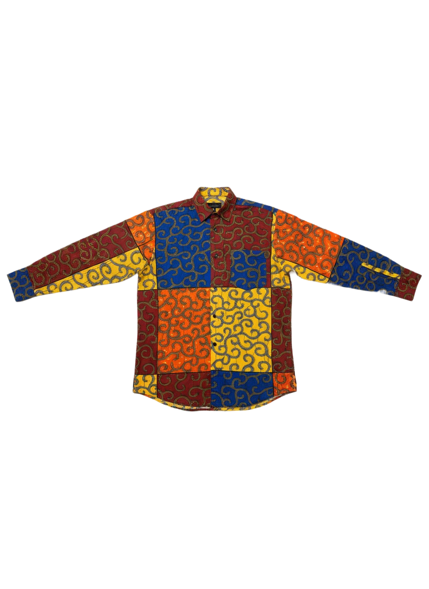 Pocketed Multi Patchwork Ankara Print Long Sleeve Shirt