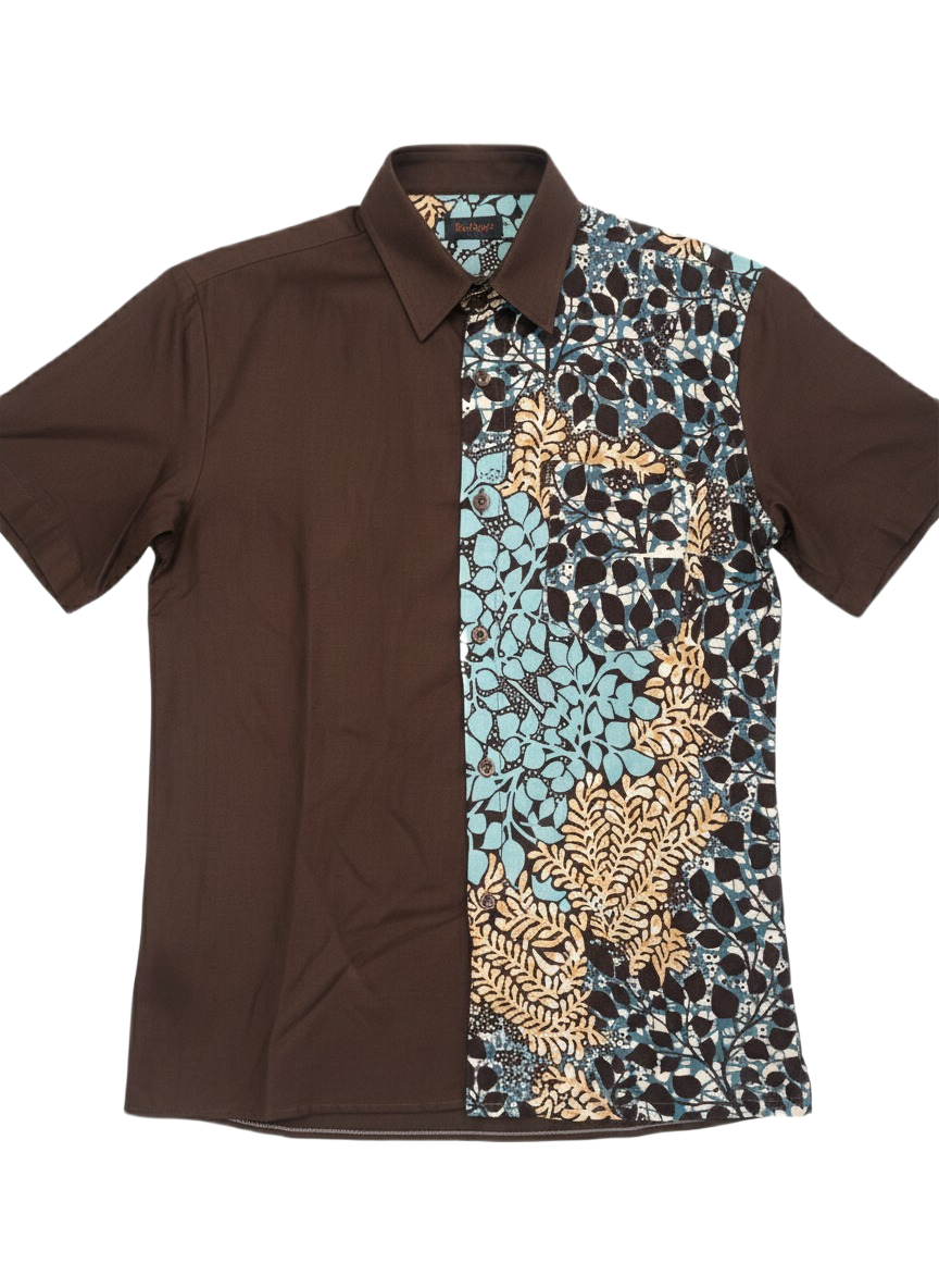 Combination Botanical Brown & Aqua Blue Wildroot Design Ankara Short Sleeve Shirt