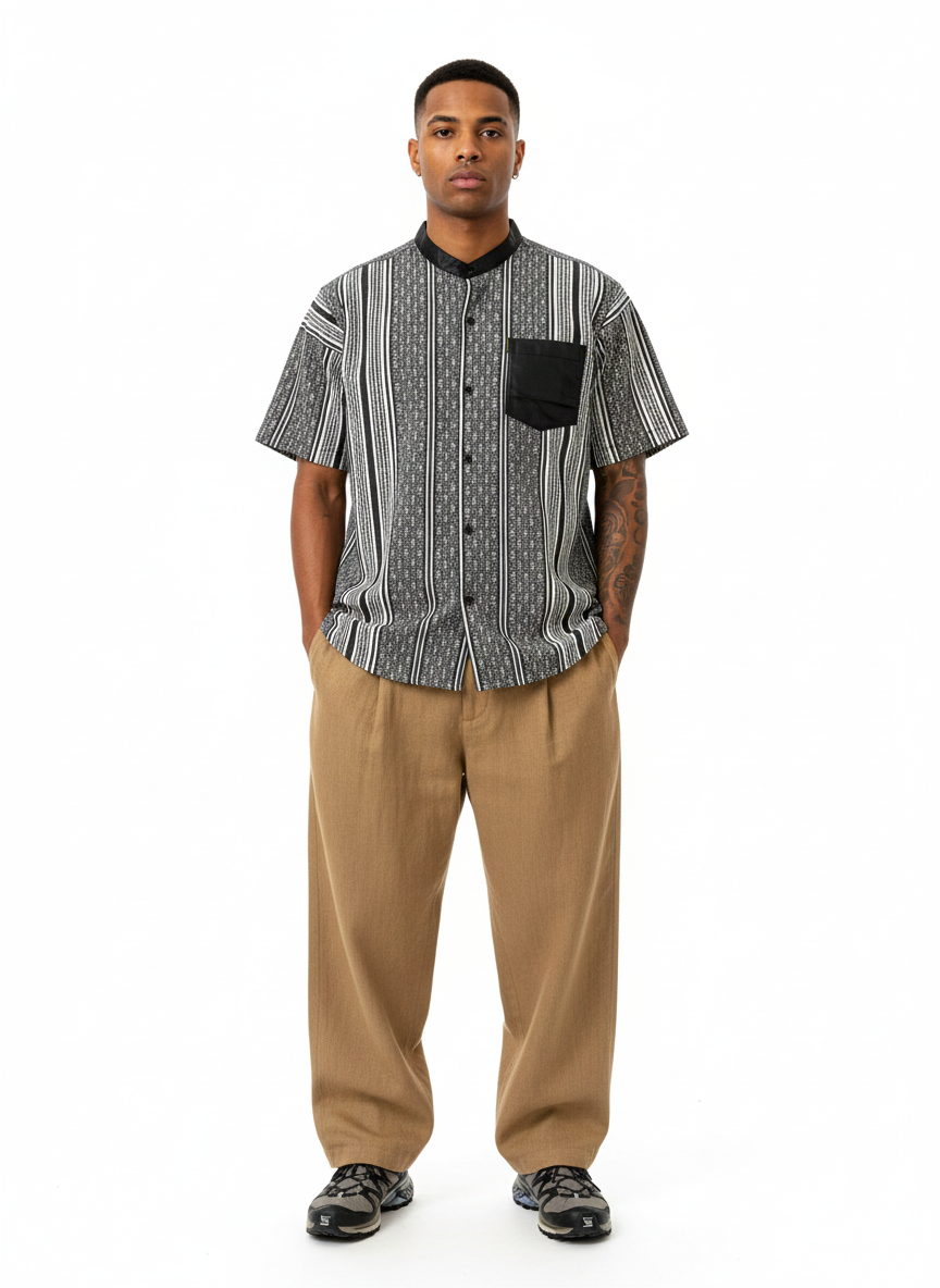 Mandarin Collar Midnight Black & White Striped Short Sleeve Shirt & Pocket