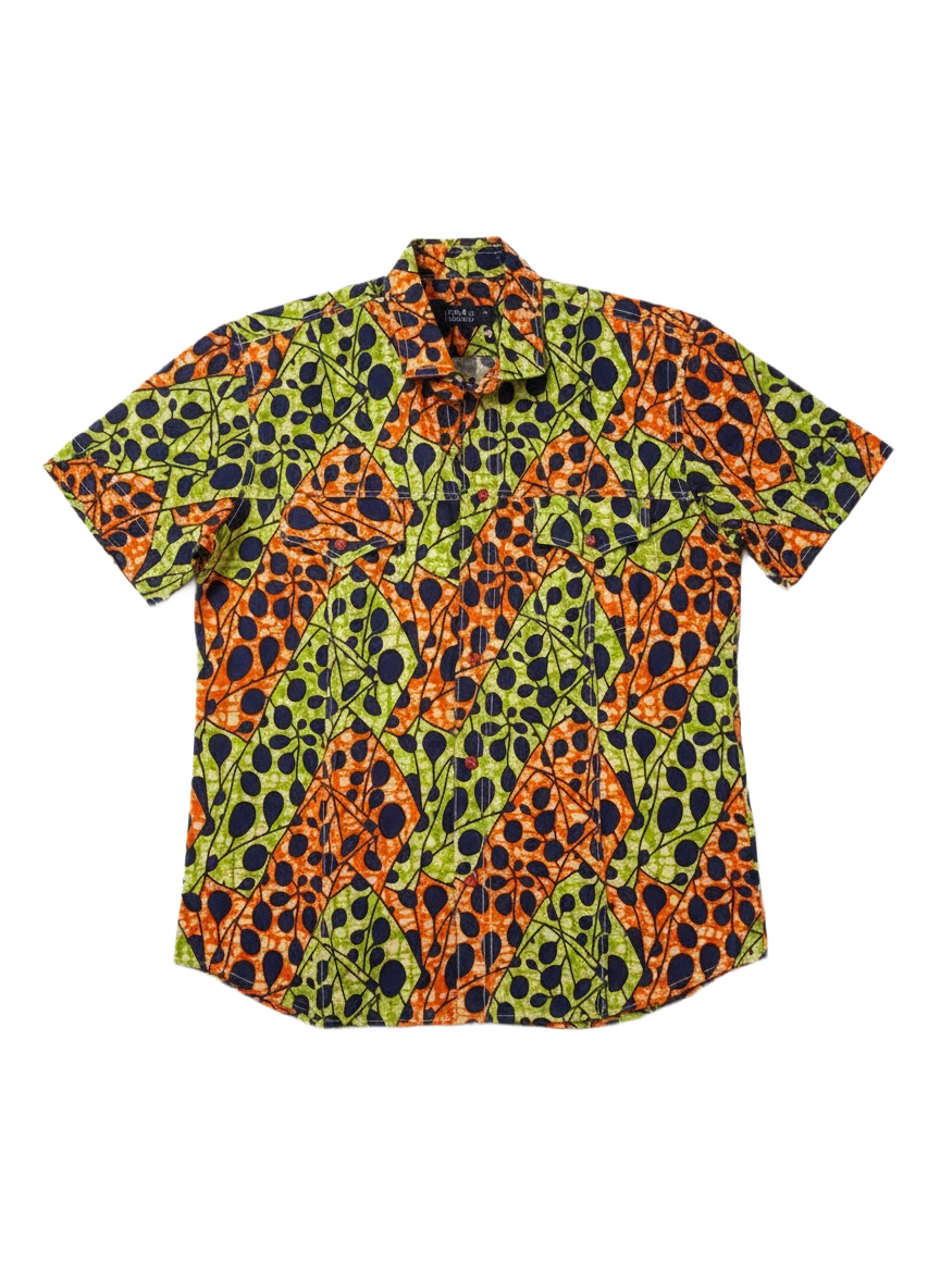 Speckled Lime Green, Black & Orange Ankara Short Sleeve Shirt