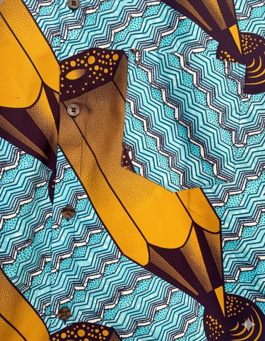 Pencil Design Blue & Yellow Ankara Wax Print Short Sleeve Shirt