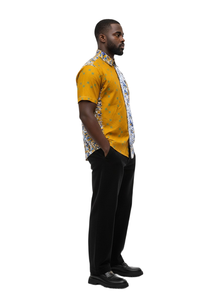 Floral Pattern & Mustard Ankara Combination Collar Shirt