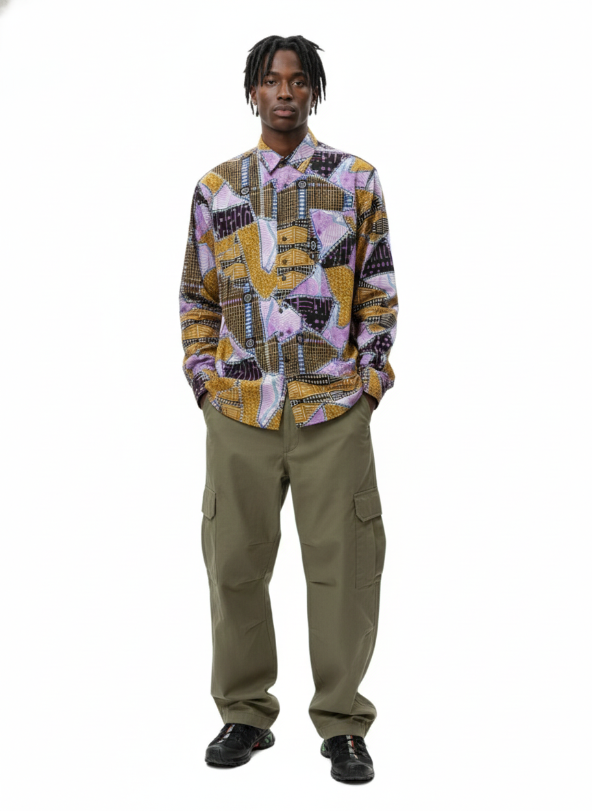 Patchwork Neo Pink & Gold Ankara Wax Print Long Sleeve Shirt