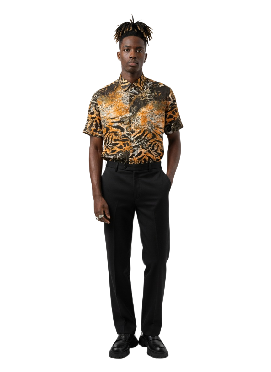Fire Orange & Black Tiger Print Silk Short Sleeve Smart Shirt