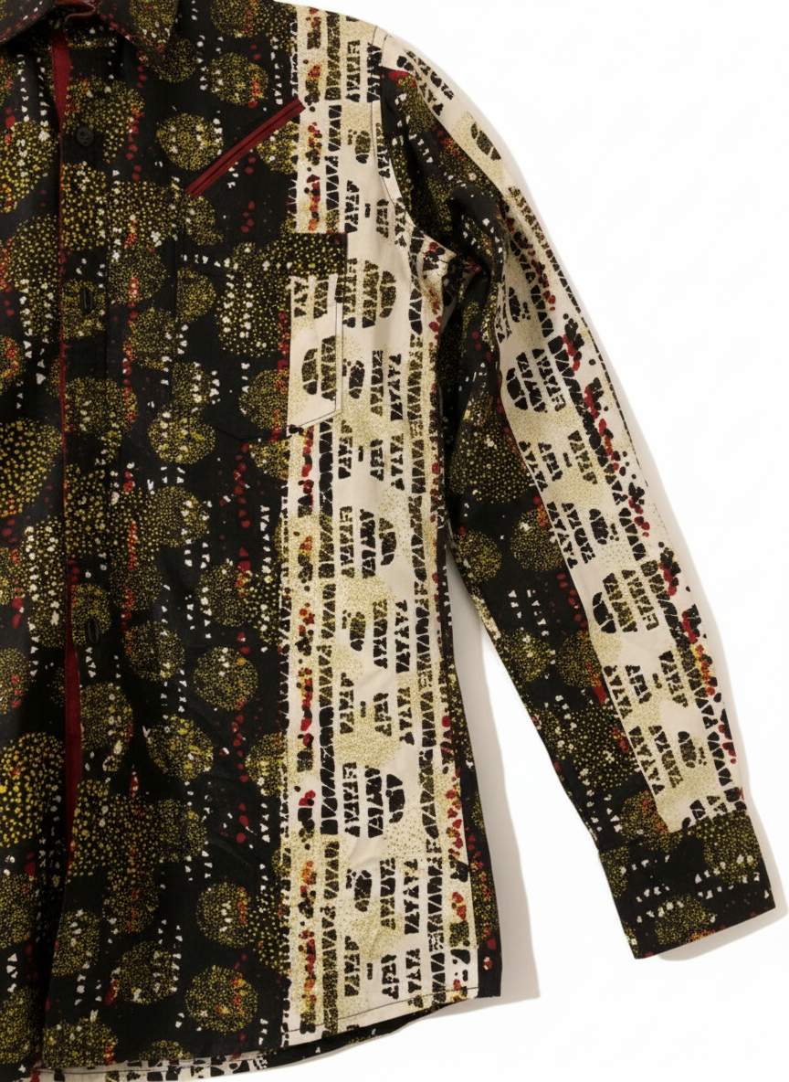 Red Slit Pocketed Black and White Minimalist Wax Print Shirt