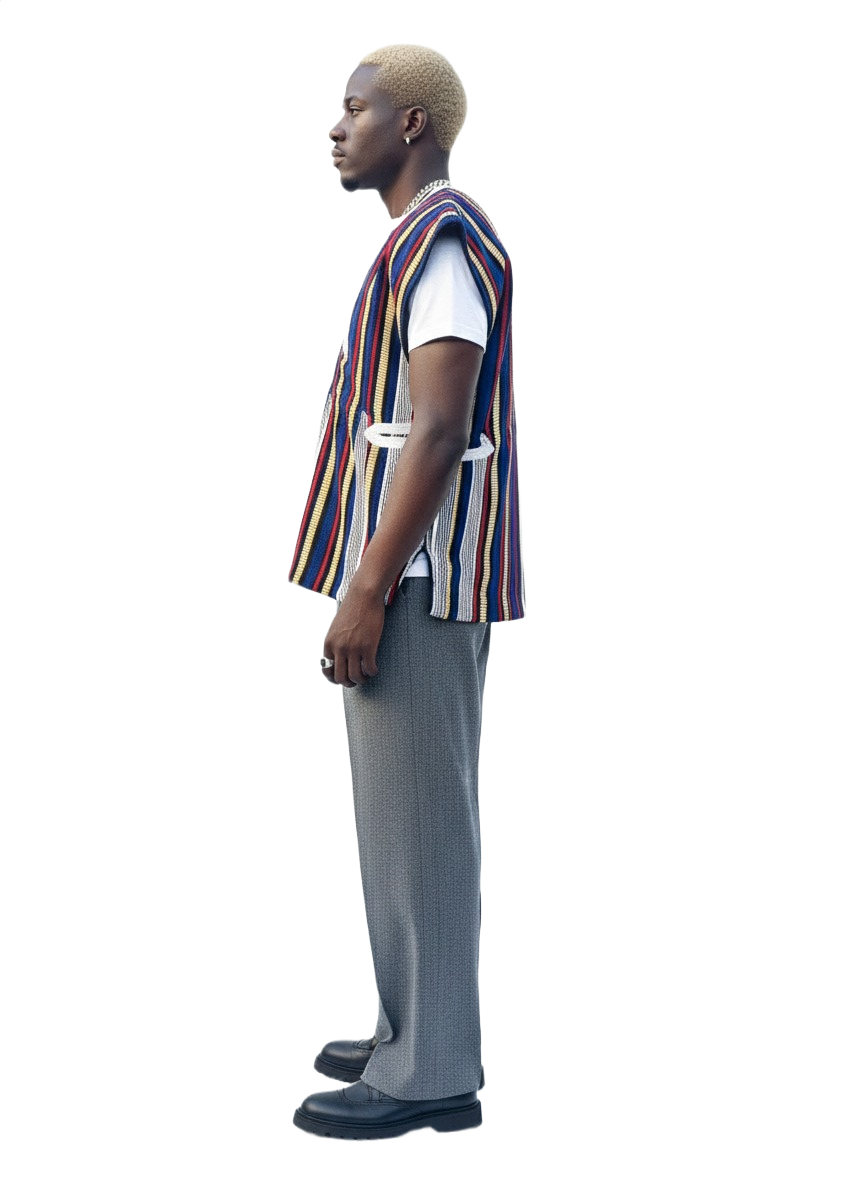 Blouse tissée à la main unisexe - rayures bleues, rouges et ivoire #SMK707