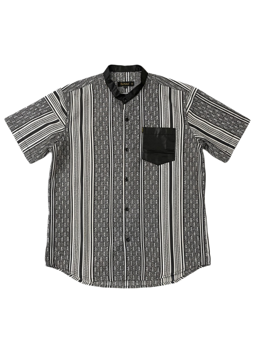 Mandarin Collar Midnight Black & White Striped Short Sleeve Shirt & Pocket