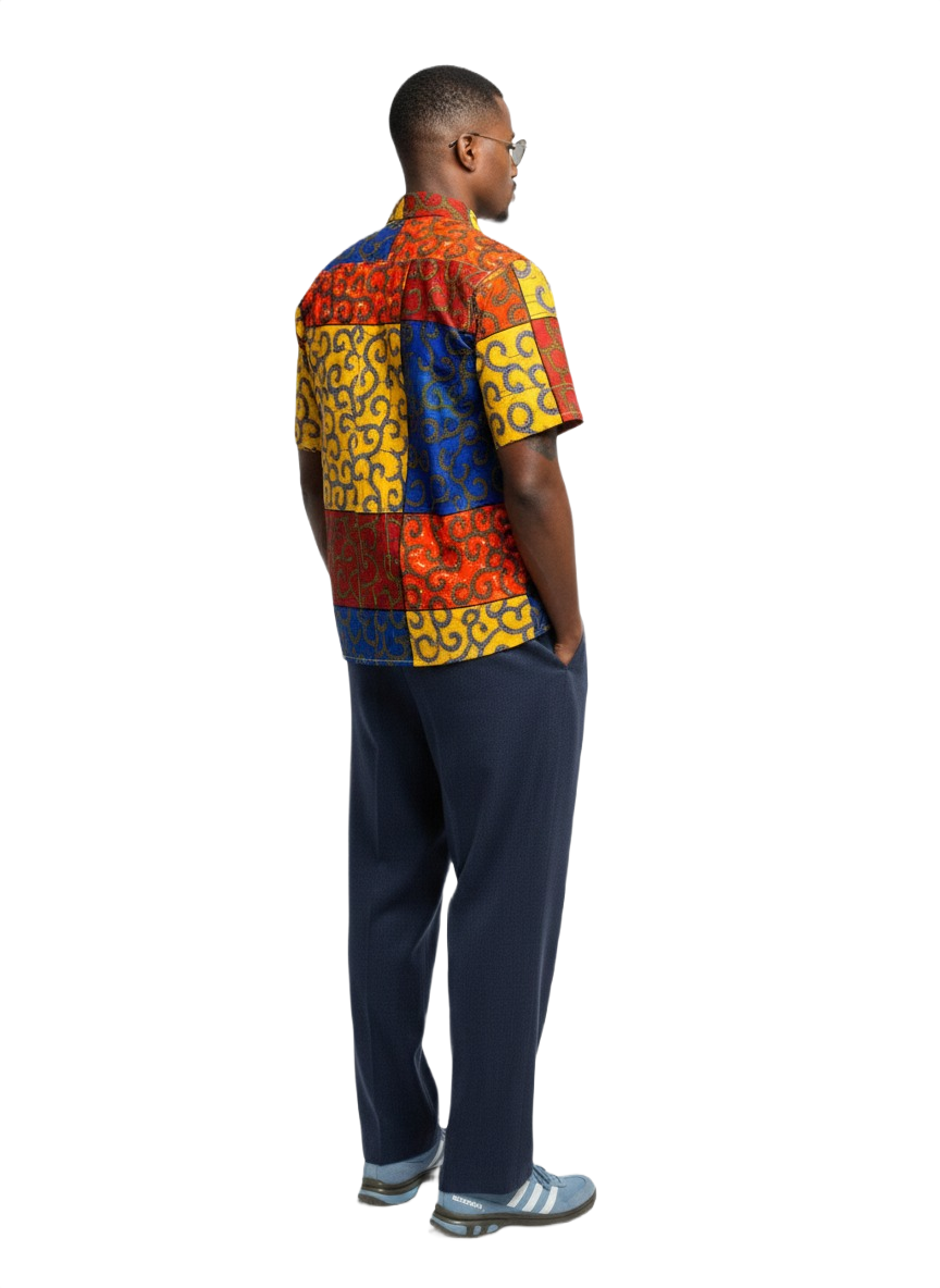 Multi Patchwork Blue, Red, Yellow & Burgundy Ankara Print Shirt