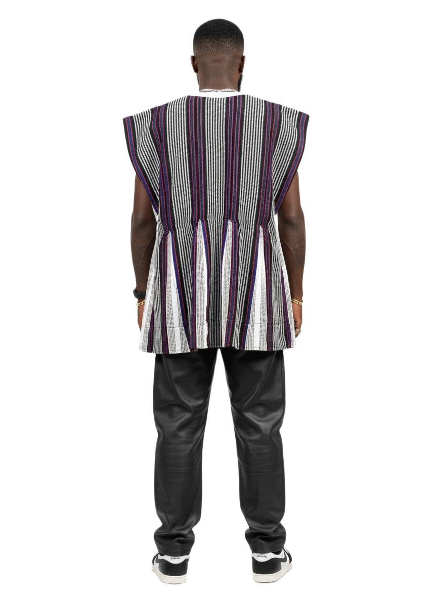 Blouse tissée à la main unisexe - rayures bleues, rouges et ivoire #SMK707