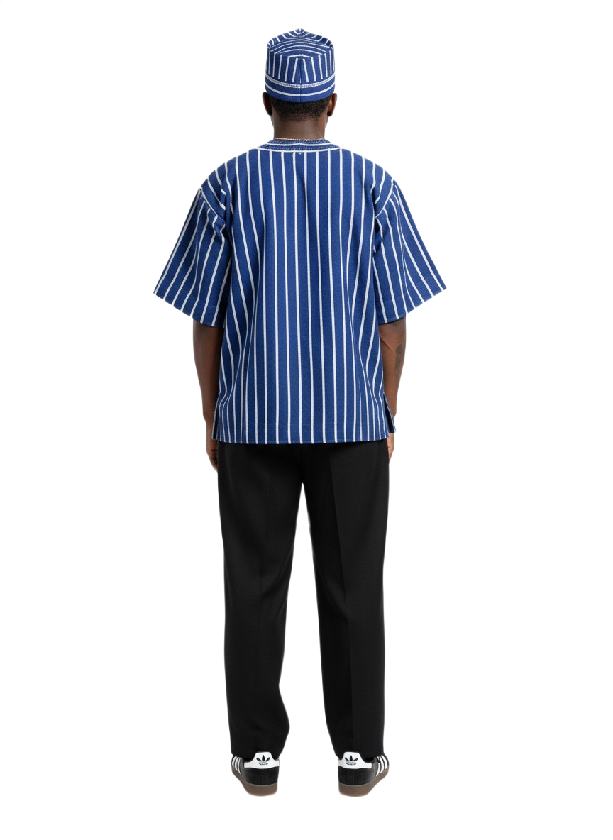 Blue & White Striped Handwoven Short Sleeve Kente Batakari Fugu with Hat