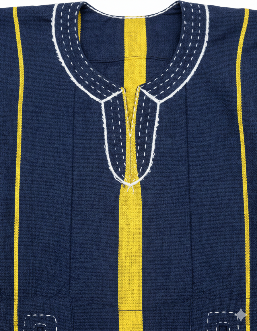 Navy Blue & Yellow Striped Handwoven Short Sleeve Batakari Fugu