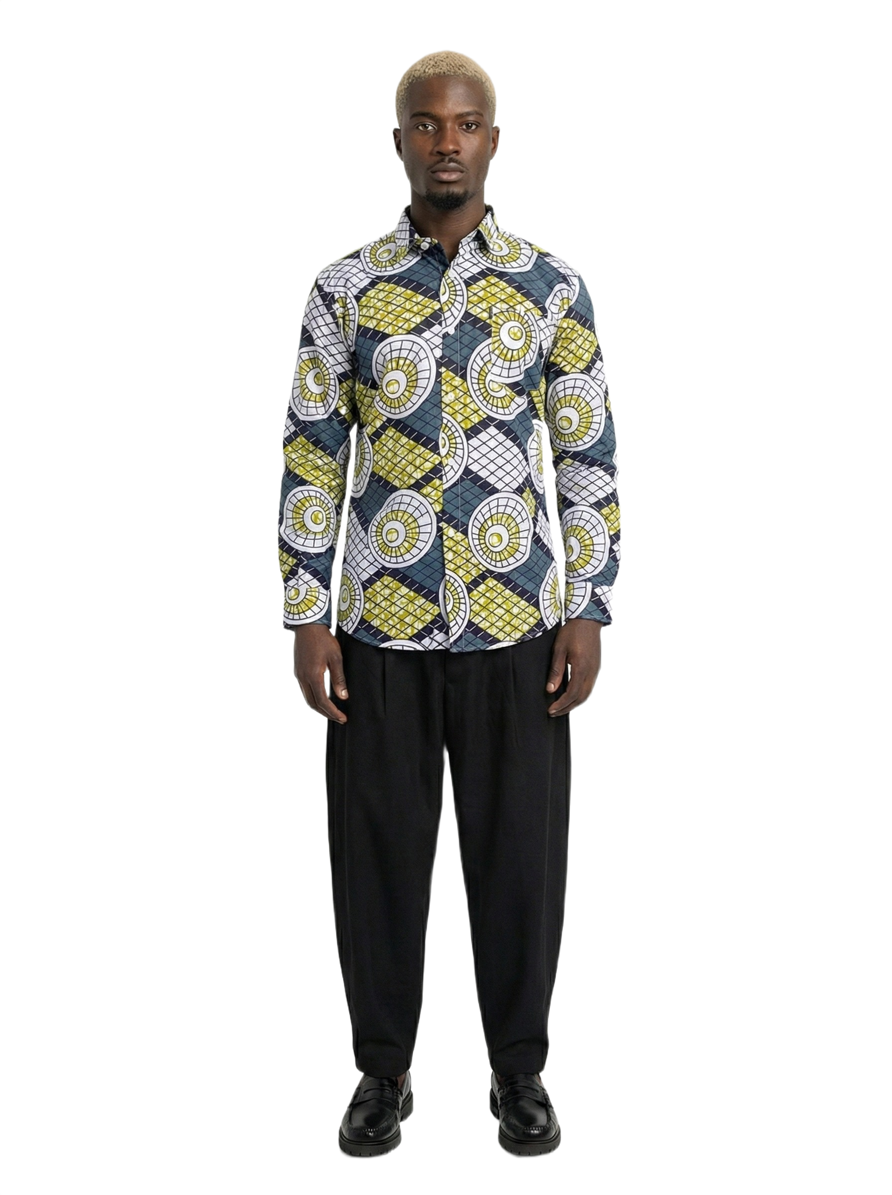 Geometric Shell Checkerboard Lime & Slate Ankara Print Shirt