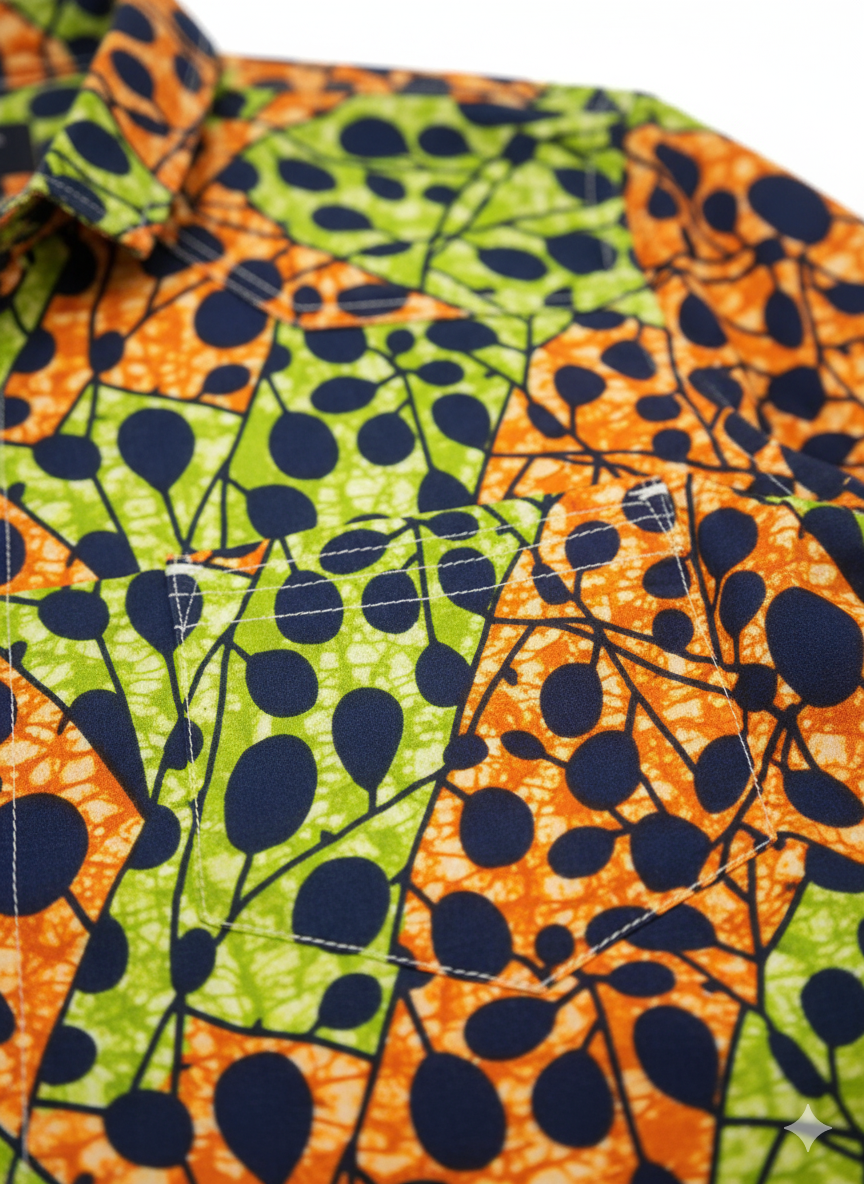 Spotted Orange & Lime Green Ankara Long Sleeve Shirt with White Stitching
