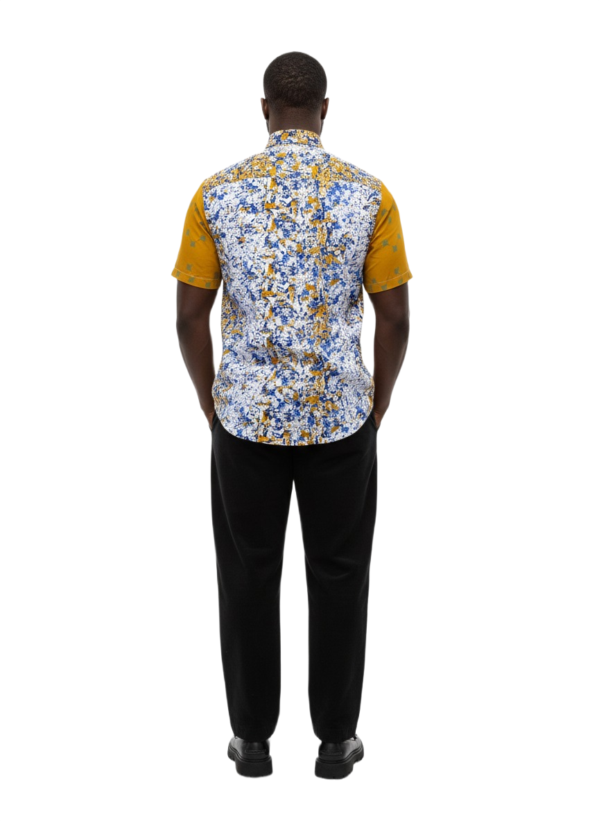 Floral Pattern & Mustard Ankara Combination Collar Shirt