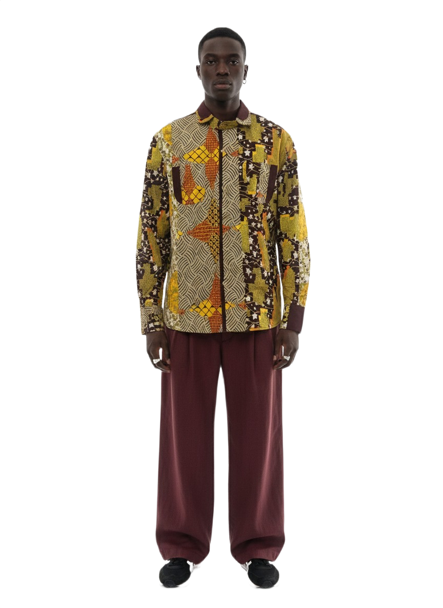 Double Curved Collar Yellow, Lime Green & Burgundy Abstract Ankara Shirt