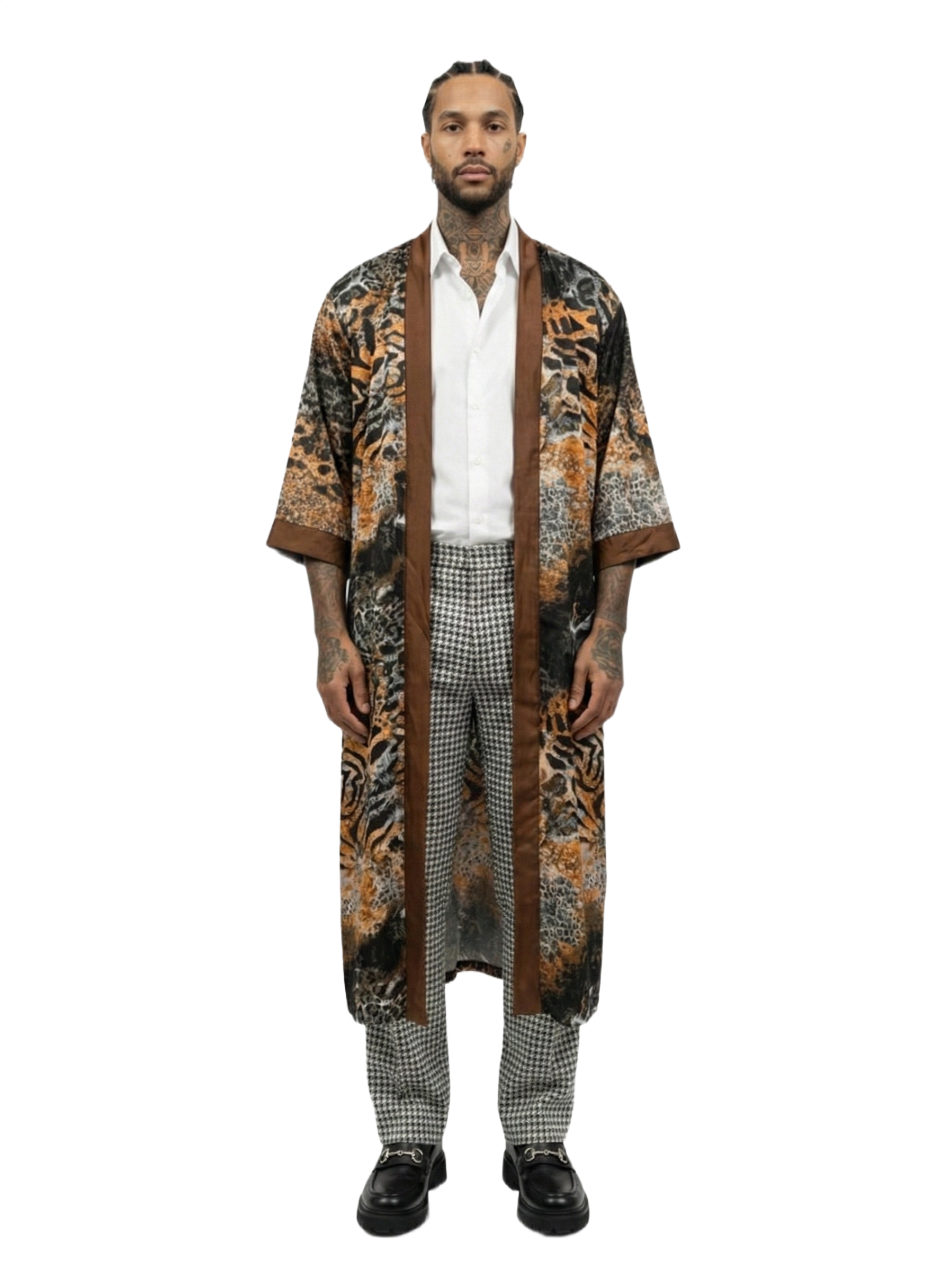 Fire Orange & Earth Brown Tiger Print Silk Overcoat Kimono Jacket