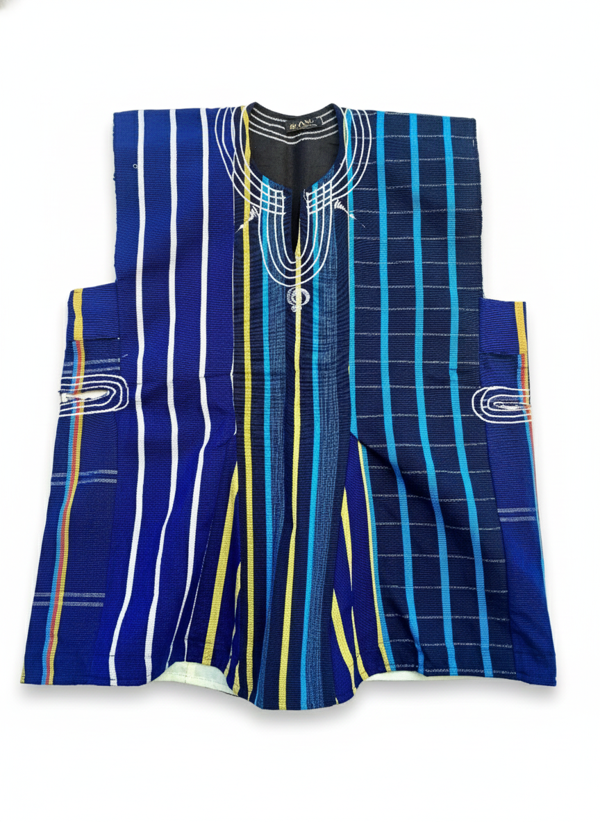 Multi Blue Striped Patchwork Handwoven Batakari Fugu