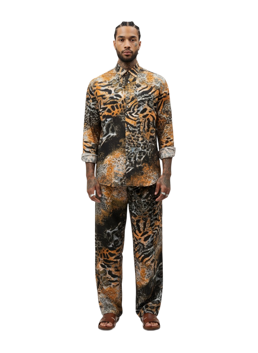 Fire Orange Tiger Print Silk Relaxed Trousers