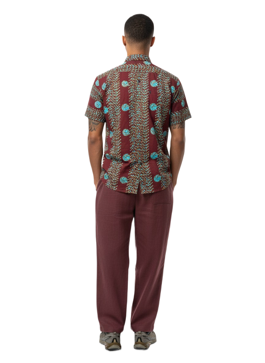 Deep Red & Ocean Blue Circled Ankara Short Sleeve Shirt