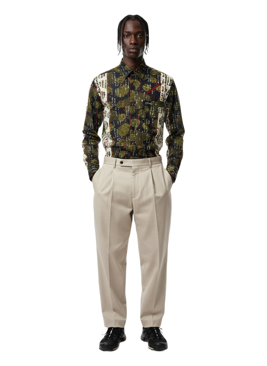 Red Slit Pocketed Black and White Minimalist Wax Print Shirt