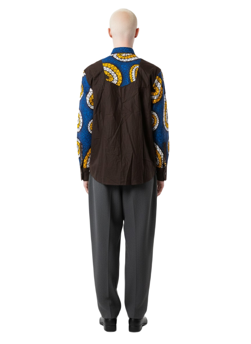 Geometric Disc Earth Brown Blue & Yellow Ankara Duo Pocket Long Sleeved Shirt