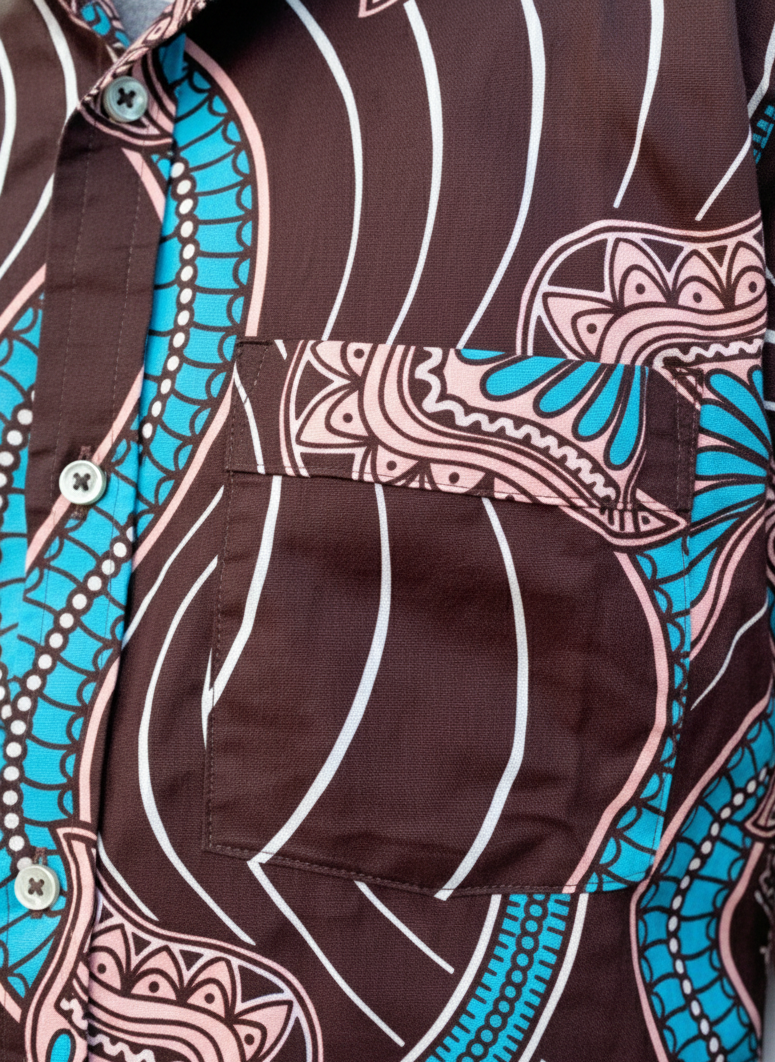 Asante Chocolate, Flamingo & Blue Ankara Short Sleeve Shirt