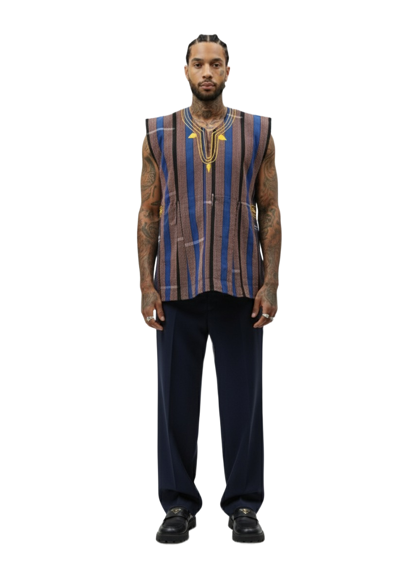 Gold Leaf Royal Blue & Red Striped Handwoven Batakari Fugu