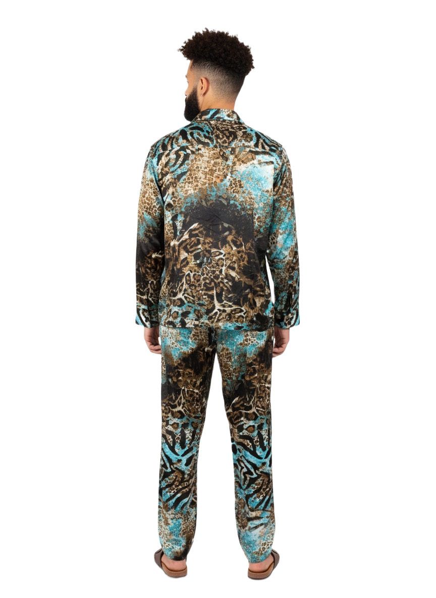 Ice Blue Tiger Print Silk Relaxed Trousers