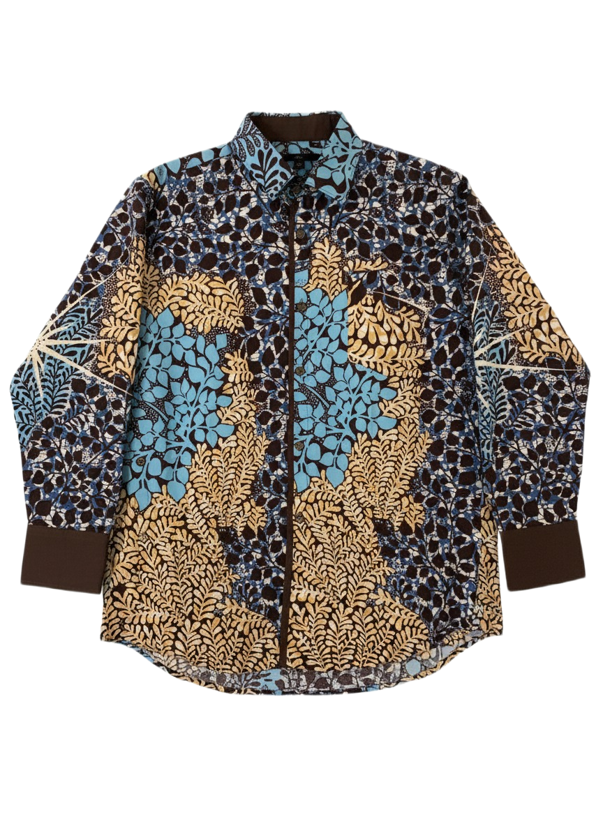 Botanical Wildroot Aqua Blue & Brown Lining Design Ankara Shirt