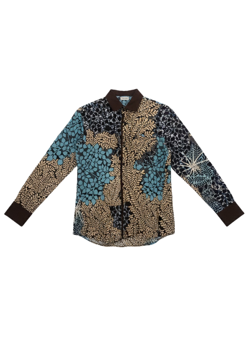 Cuff Collared Botanical Wildroot Aqua Blue & Brown Design Ankara Shirt