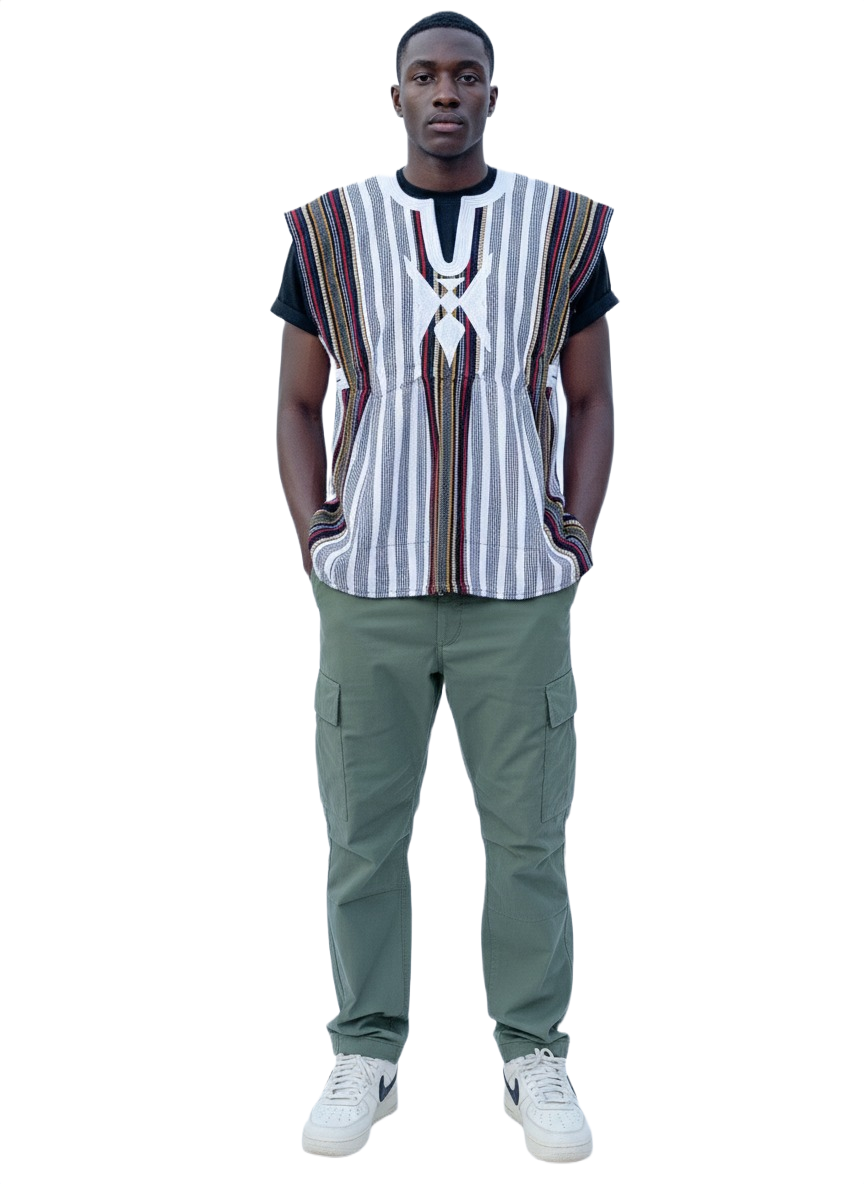 White & Multi Stripe African Handwoven Batakari Fugu