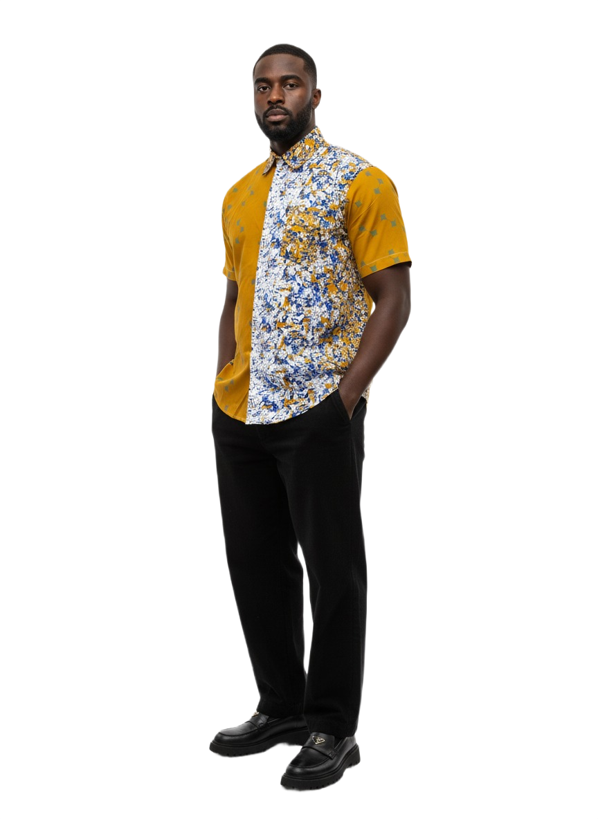 Floral Pattern & Mustard Ankara Combination Collar Shirt