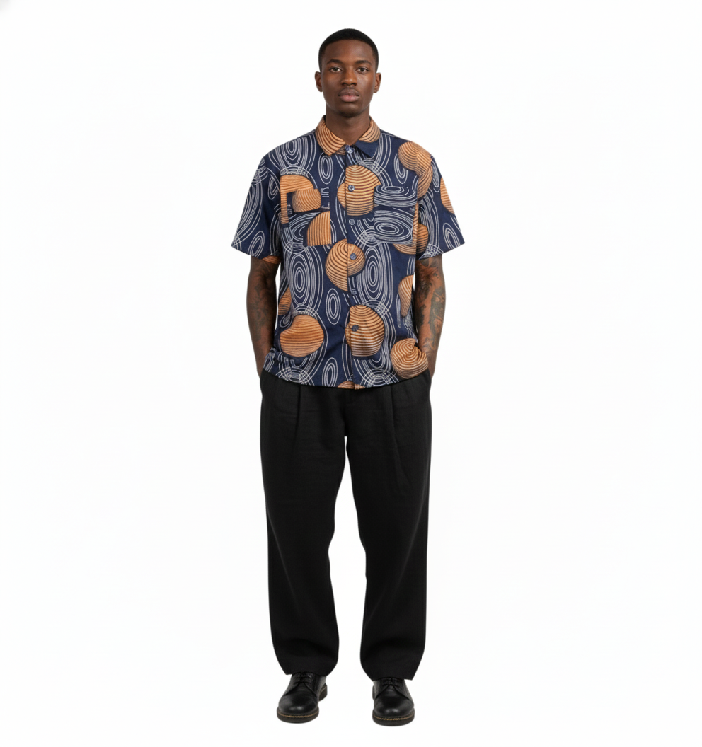 Mars Design Orange, Black & White Sphere Ankara Short Shirt