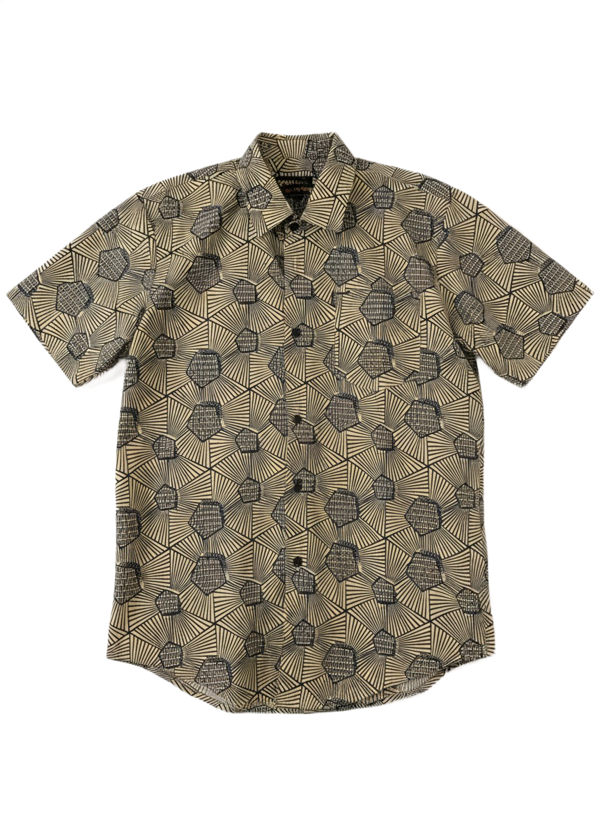 Pentagonal Stone Grey & Navy Ankara Print Short Sleeve Shirt
